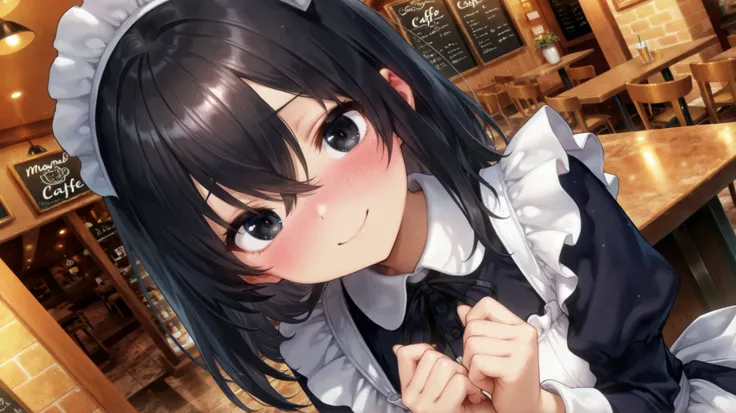 Ultra detailed, best quality, beautiful eyes, highly detailed, best quality, beautiful, masterpiece, high resolution, best quality, official art, high resolution, masterpiece, latest, solo, 1 girl, staring at viewer, seinagaki, shy, smiling, blushing, blac...