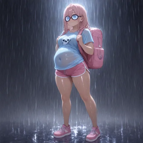 1girl, blue eyes, brown medium length hair, (wearing kakhi dolphin shorts, light blue t shirt with a skull graphic on it, small circular glasses, large pink backpack over one shoulder), (midriff peek) (arched back), (love handles) , (medium stuffed belly) ...