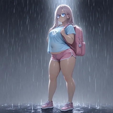 1girl, blue eyes, black medium length hair, (wearing kakhi dolphin shorts, light blue t shirt with a skull graphic on it, small circular glasses, large pink backpack over one shoulder), (midriff peek) (arched back), (love handles) , (double belly) (fat fac...