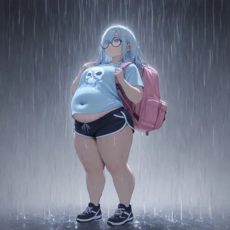 1girl, blue eyes, black medium length hair, (wearing kakhi dolphin shorts, light blue t shirt with a skull graphic on it, small circular glasses, large pink backpack over one shoulder), (midriff peek) (arched back), (love handles) , (double belly) (fat fac...