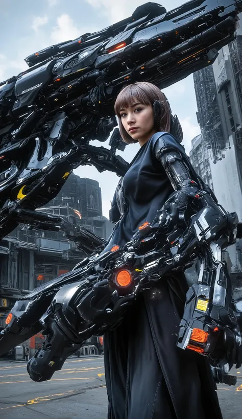 high definition, 3 peopleのチーム,female soldier with biomechanical sniper rifle,Large device with a girl in a cyborg suit standing with a gun ,Short hair with bob cut , 3 people,Future City,Heavy machinery,
