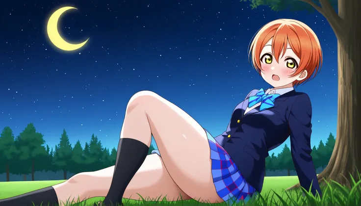 1girl, hoshizora rin, striped, short hair, blush, otonokizaka school uniform, lovelive_rin black blazer, blue plaid skirt, blue stripe bowtie, orange hair, very short hair, hair between eyes, yellow green eyes,thick thighs,knee up,crescent moon, stars (sky...