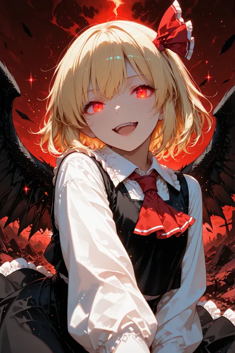 1girl(rumia(touhou)), blonde hair, short hair, red eyes, glowing eyes, open mouth, :d, smile, looking at viewer, hair ribbon, red ribbon, ribbon, shirt, white shirt, long sleeves, vest, black vest, ascot, red ascot, skirt, black skirt, solo, wings, black w...
