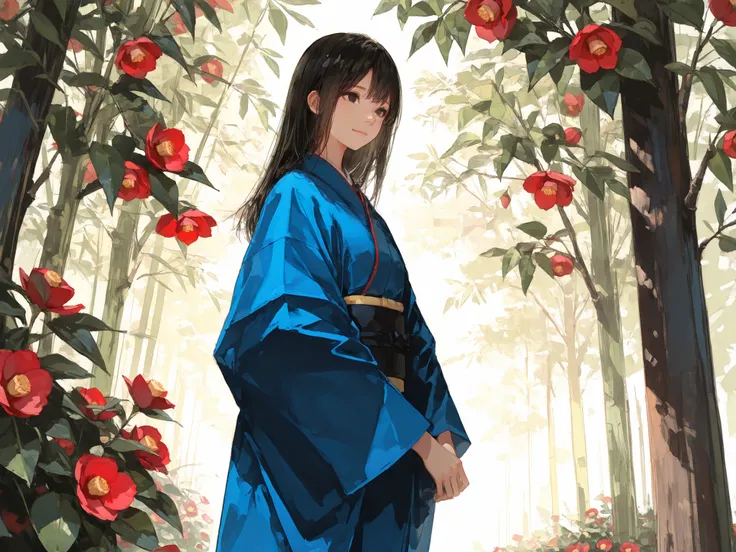 medium shot, dutch angle, makes an aesthetic, Master piece, Best Quality, ultra detailed, a beautiful girl, solo, black long hair, silky straight hair, hair oenament, beautiful black eyes, blue kimono, standing beside a tree of Camellia japonica, Camellia ...