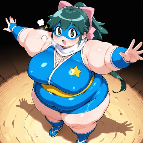 masterpiece,nfsw,  High Definition , best quality,8k,
((Koyuki Azumaya -keroro gunsou))
, green eyes, green hair, hair bow, ponytail, scarf, ninja, mask,
,
, fullbody  fat, chubby, obese, gigantic arms and legs, large breasts open mouth, out of breath, sta...