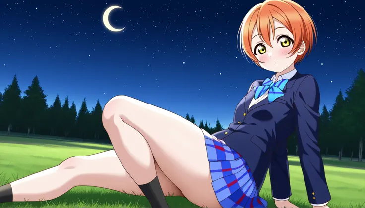 1girl, hoshizora rin, striped, short hair, blush, otonokizaka school uniform, lovelive_rin black blazer, blue plaid skirt, blue stripe bowtie, orange hair, very short hair, hair between eyes, yellow green eyes,thick thighs,knee up,crescent moon, stars (sky...