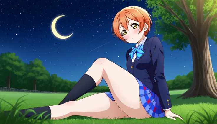 1girl, hoshizora rin, striped, short hair, blush, otonokizaka school uniform, lovelive_rin black blazer, blue plaid skirt, blue stripe bowtie, orange hair, very short hair, hair between eyes, yellow green eyes,thick thighs,knee up,crescent moon, stars (sky...