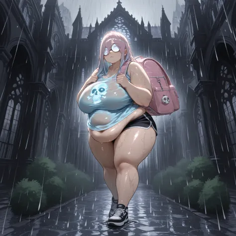 1girl, (huge girl very fat girl), dark medium length hair, (walking forward) (large black and white sneakers) (wearing kakhi dolphin shorts, light blue t shirt with a skull graphic on it, small circular glasses, large pink backpack over one shoulder), (lov...