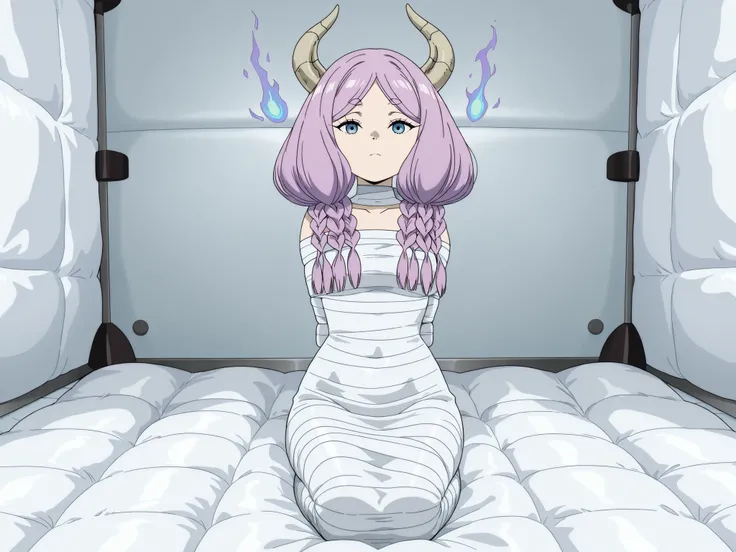  ,Aura, aura the guillotine,horns,pink hair,purple hair,purple hair, blue eyes, multiple braids,frieren-aura, horns,violet-pink hair, blue eyes, multiple braids,

,White bandage,All White tape,Mummification Bondage of White,White mummy,White mummification,...