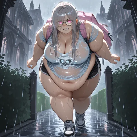 1girl, dark medium length hair, (walking forward) (large black and white sneakers) (wearing kakhi dolphin shorts, light blue t shirt with a skull graphic on it, small circular glasses, large pink backpack over one shoulder), (immobile) (), (double chin) (c...