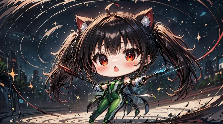 ((only one girl)), A dynamic ,  Illustration of vocaloid chibi,  ((full body)), head on, solo, A stick illustration of an engineer , beautiful girl, red eyes, black hair, cat ears, blows, hair between eyes, long hair, , (Ahoge), straight bangs, hair betwee...