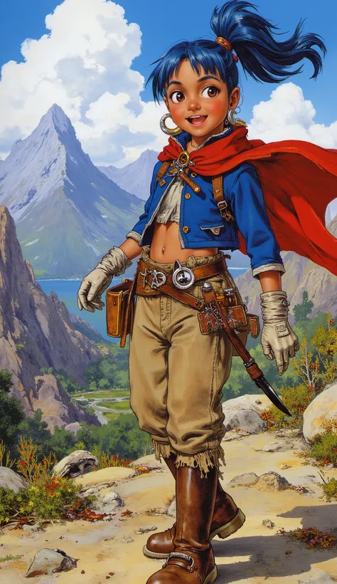 (masterpiece, best quality, 8k, ultra-detailed, professional illustration), a vibrant and exquisitely detailed character art of a young female adventurer, captured mid-exploration. She gazes with wide-eyed wonder, her face illuminated by an infectious, rad...