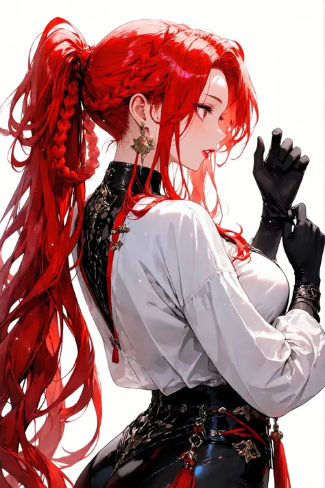 masterpiece,bestquality, very aesthetic,absurdres,1girl, adjusting clothes, adjusting gloves, black bodysuit, black gloves, bodysuit, bodysuit under clothes, braid, braided hair rings, breasts, earrings, gloves, hair rings, holding hands, jewelry, large br...