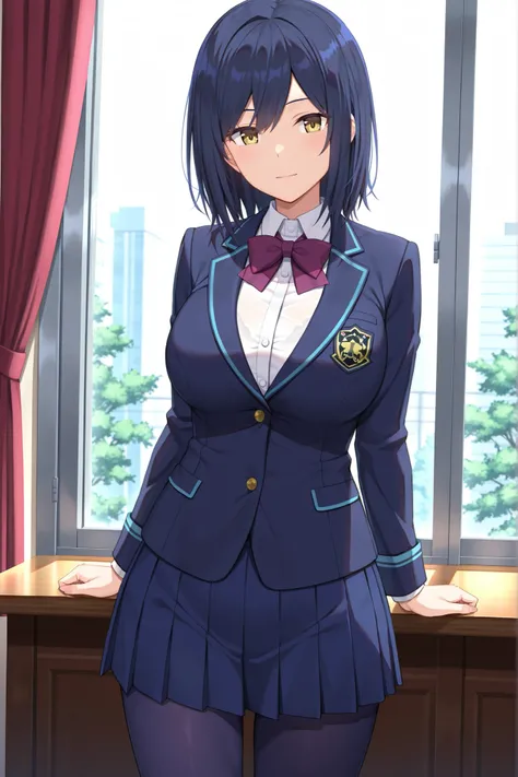 solo,masterpiece,best quality, amazing quality, highres, absurdres, very aesthetic, high resolution, ultra detailed, perfect details,nijirin,large breasts,yellow eyes,blue hair,black hair,moles,medium hair,nijirincos,white shirt,collared shirt,purple bowti...