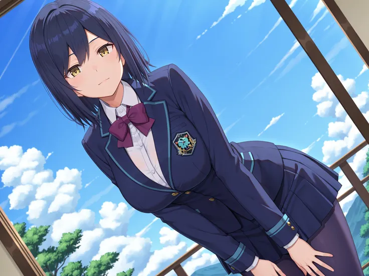 solo,masterpiece,best quality, amazing quality, highres, absurdres, very aesthetic, high resolution, ultra detailed, perfect details,nijirin,large breasts,yellow eyes,blue hair,black hair,moles,medium hair,nijirincos,white shirt,collared shirt,purple bowti...