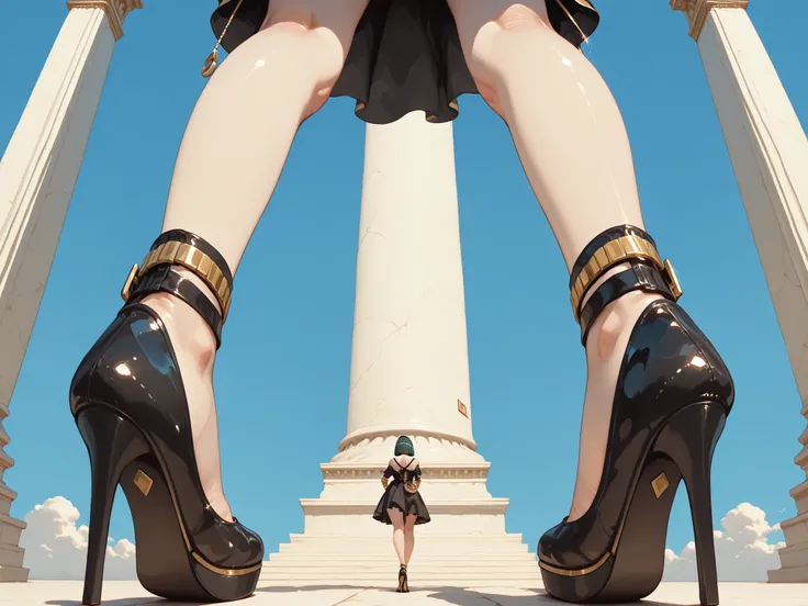 kk_sexydress_jewelry,Cleopatra, standing, low-angle view, high heels, stepping down