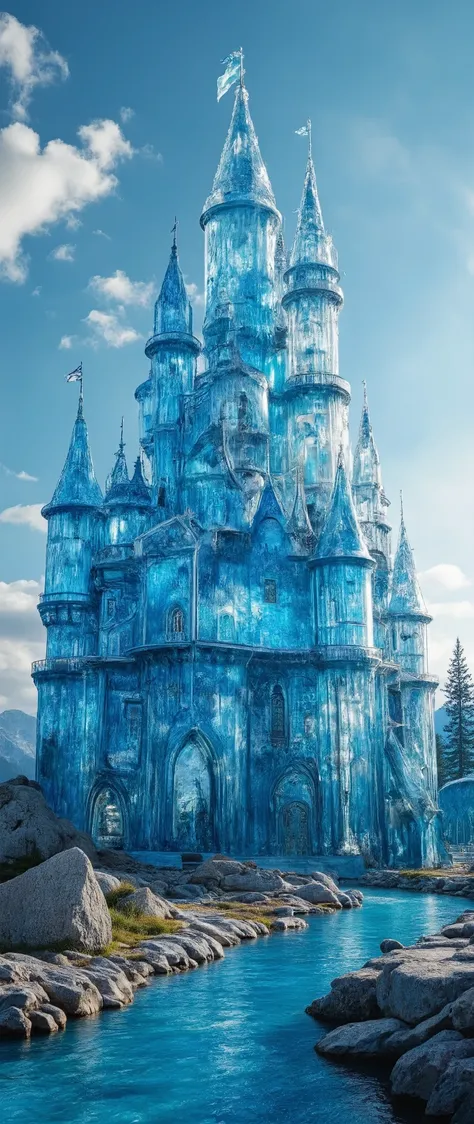 (highdefinition images:1.5)、Magnificent atmosphere,(detailed eyes drawn on a giant, Clear Blue Glass Castle That Seems to Reach the Sky),masterpiece、top quality、Antique Glass Castle、Look up 、a blue sky flows、(An old European castle made of detailed eyes dr...
