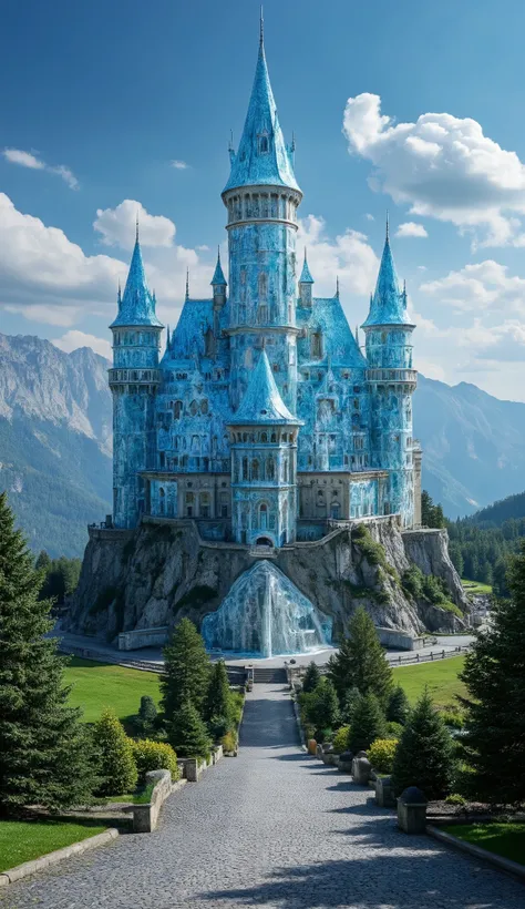 Neuschwanstein Castle,(highdefinition images:1.5)、Magnificent atmosphere,(detailed eyes drawn on a giant, Clear Blue Glass Castle That Seems to Reach the Sky),masterpiece、top quality、Antique Glass Castle、Look up 、a blue sky flows、(An old European castle ma...