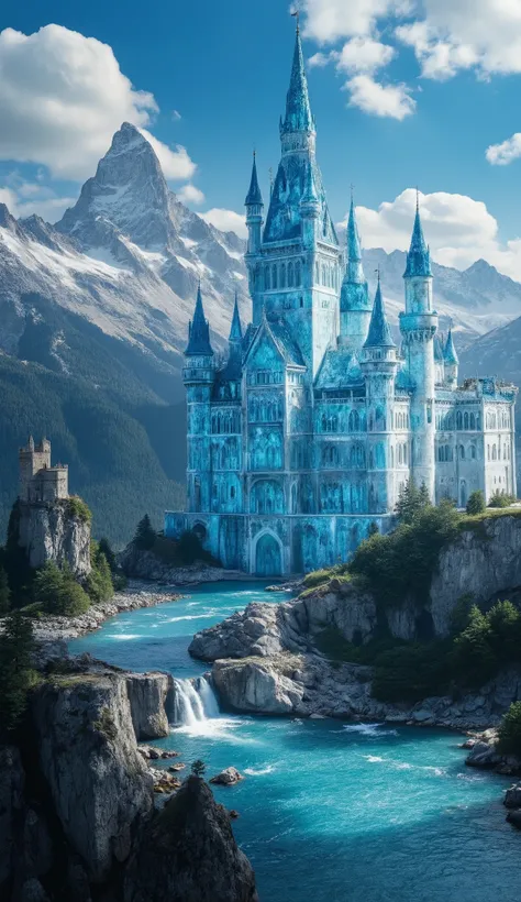 Neuschwanstein Castle,(highdefinition images:1.5)、Magnificent atmosphere,(detailed eyes drawn on a giant, Clear Blue Glass Castle That Seems to Reach the Sky),masterpiece、top quality、Antique Glass Castle、Look up 、a blue sky flows、(An old European castle ma...