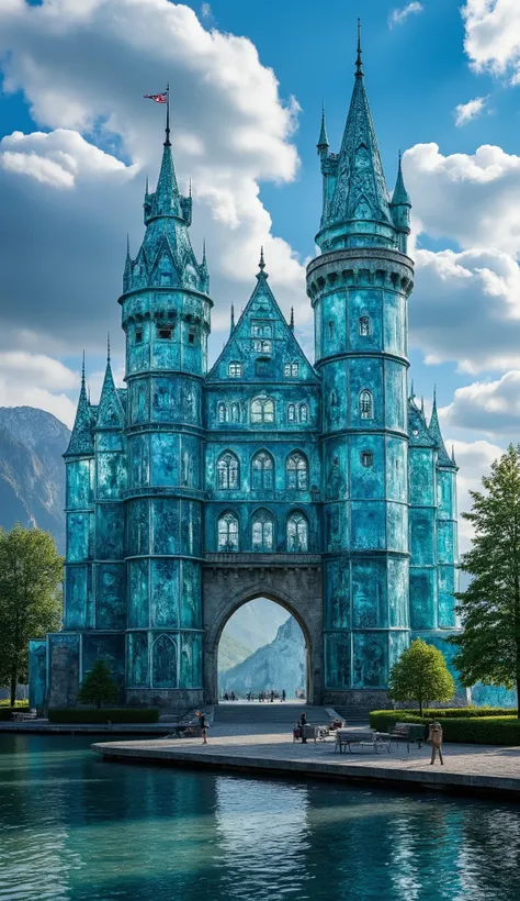 Neuschwanstein Castle,(highdefinition images:1.5)、Magnificent atmosphere,(detailed eyes drawn on a giant, Clear Blue Glass Castle That Seems to Reach the Sky),masterpiece、top quality、Antique Glass Castle、Look up 、a blue sky flows、(An old European castle ma...