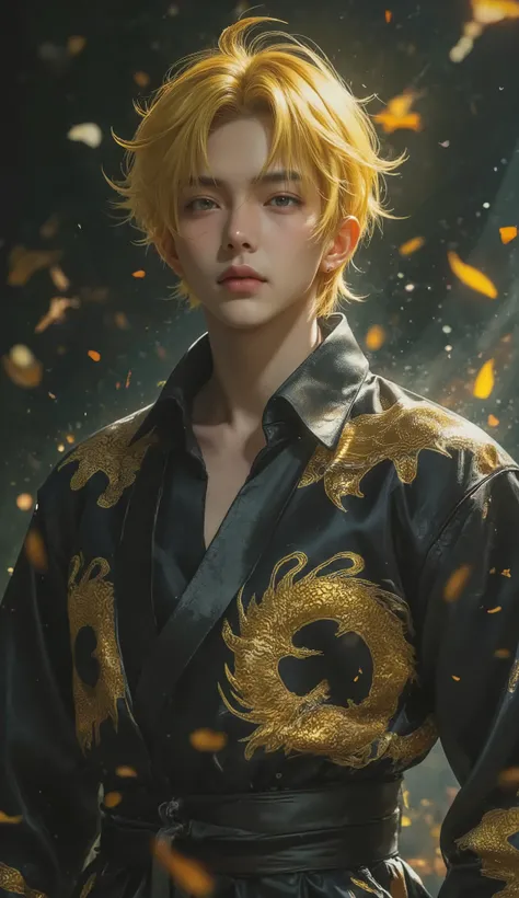1man, Young man, ((age Around 22 to 27)), ((Yellow-Black Hair, Medium Hair, Chiseled face, High cheekbones, Sharp Prismatic Amber eyes, Athletic body)), wearing Chinese Dragon Pattern Hanfu, Intimidating aura, Standing, Full Body.