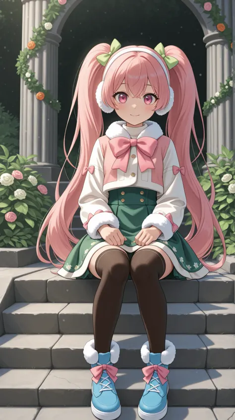score_9, score_8_up , score_7_up , score_9,Score_9, Score_8_up , Score_7_up ,Create a fresh two-dimensional style picture, focusing on the character features and scenes: blue twin ponytails (white earmuffs, floral decorations), green and pink skirt (big pi...