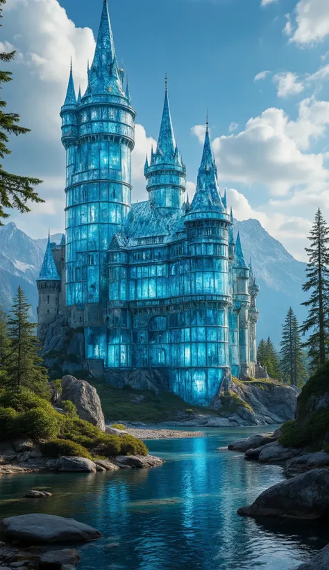 (highdefinition images:1.5)、Majestic Atmosphere,(A huge, transparent blue glass castle that seems to reach the sky:1.5),masterpiece、(top quality:1.5)、antique glass castles leading to the city、Look Up、Blue Sky Flowing、(An old European castle made of glass i...