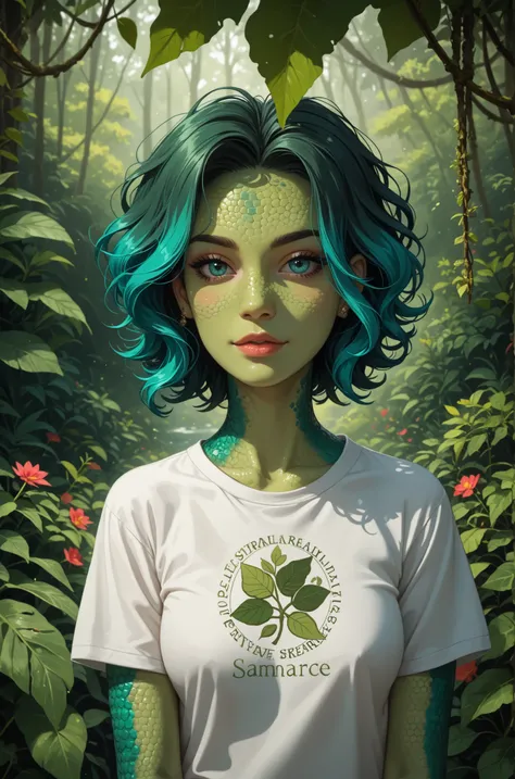 A high-resolution t-shirt design featuring a stylized chameleon blended into a textured background in shades of green and forest. The chameleon is made of intricate, reptile-like scales, with crisp, natural detailing on its curved tail, eyes, and limbs. Th...