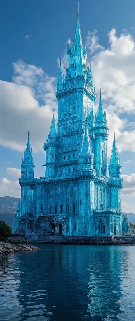 (highdefinition images:1.5)、Majestic Atmosphere,(A huge, transparent blue glass castle that seems to reach the sky:1.5),masterpiece、(top quality:1.5)、antique glass castles leading to the city、Look Up、Blue Sky Flowing、(An old European castle made of glass i...
