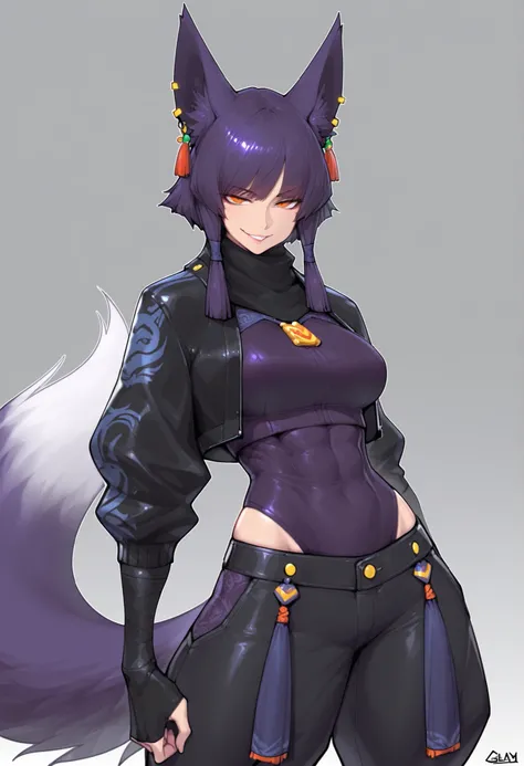 gorgeous kitsune girl, beautiful face, kitsune, hair of ash-purple color, beautiful young woman, orange eyes, slit pupils, personalami style, volputrous body, toned woman, curvy and athletic, fox ears, short hair, dark adventurer jacket, black buggy pants,...
