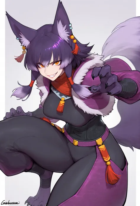 gorgeous kitsune girl, beautiful face, playful pose, kitsune, white purple gradient hair, fur covered body, short fur on body, claws, hunter girl, orange eyes, red slit pupils, personalami style, volputrous body, big breasts, slim and athletic, fox ears, s...