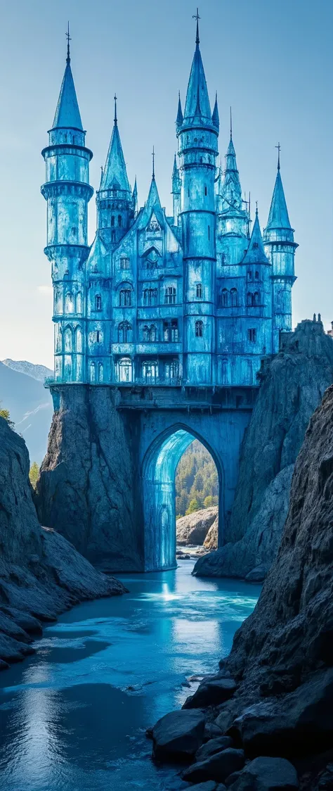 (highdefinition images:1.5)、Majestic Atmosphere,(A huge, transparent blue glass castle that seems to reach the sky:1.5),masterpiece,(highdefinition images:1.5),(top quality:1.5)、(Extremely transparent glass castle:1.5),Look Up、Blue Sky Flowing、(An old Euro...
