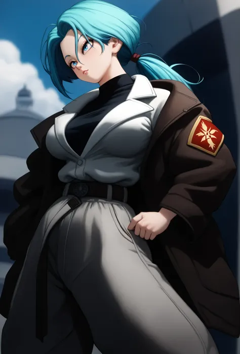 1, woman, Blue hair, medium length hair,Dark Brown jacket with white fur details, black wide military style pants, military pants, extremely asthetic,4k,8k,detailed,best quality,(wearing baggy pants:1.3),loose clothing, blue eyes, curvy body,White coat det...