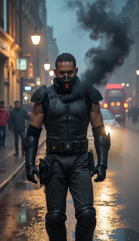 A hyper-realistic, humanized version of Smoke from Mortal Kombat stands silently in the middle of a dimly lit London street at night. The wet pavement reflects the glow of vintage streetlamps and distant car headlights filtered through fog. He's dressed in...