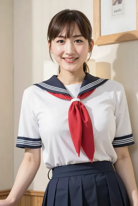 wearing a traditional Japanese uniform 、 body is covered with a sailor suit with a white collar and dark blue lines 、 wearing a dark blue pleated skirt、 red scarf、((((( girls on the left:2.86))))),( masterpiece, Top Quality:1.9),8k, RAW photo ,nsfw, de...