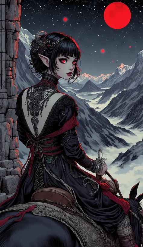 (A fusion of Ukiyo-e and dark fantasy. Aesthetic and gothic digital art. Illustrations are drawn from a bird's eye view from above.) BREAK 
(Jet black hair. Blunt bangs. Black eyebrows. Long black eyelashes. Almond-shaped eyes. Glowing red eyes. Dark, thic...