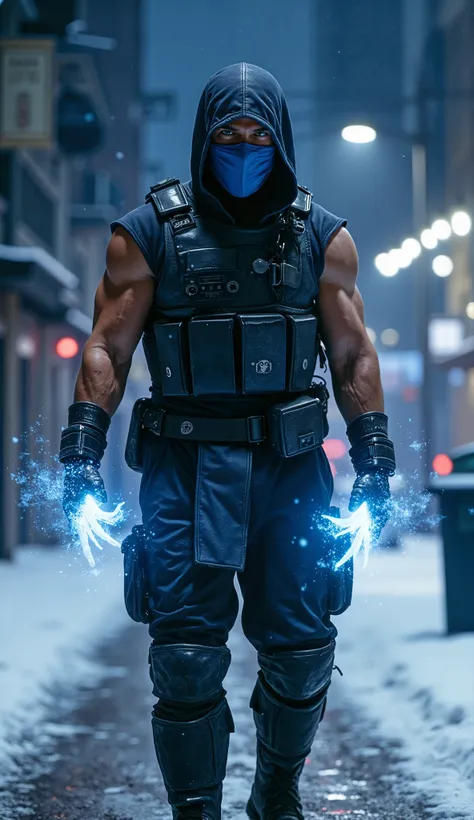 A hyper-realistic version of Sub-Zero from Mortal Kombat standing still in the center of an abandoned, icy urban street at night, lit by cold-blue city lights. He wears a dark tactical combat outfit, layered and functional, with subtle blue accents and a f...
