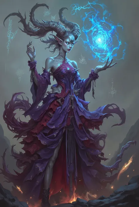 neon colored, A mysterious and terrifying female demon, with an elegant humanoid body and distinctly monstrous features — she has an elongated head adorned with wide, curved horns that resemble coral or bone, and a third glowing eye embedded in her forehea...