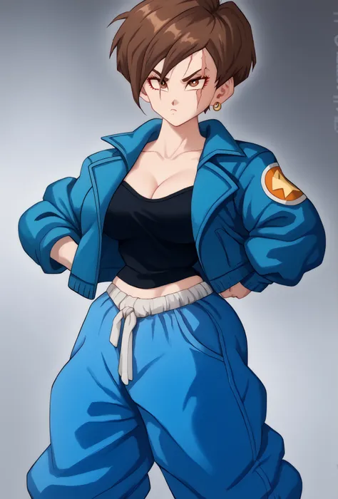 Woman, fair skin, Dark Blue  jacket (black blouse underneath the jacket), black baggy pants, loose pants, Brown eyes, brown hair, hair with dark blue tips, short hair, 4k, 8k, detail,Drago ball style, curvy body,Blue highlights in hair ,Scar on the cheek, ...