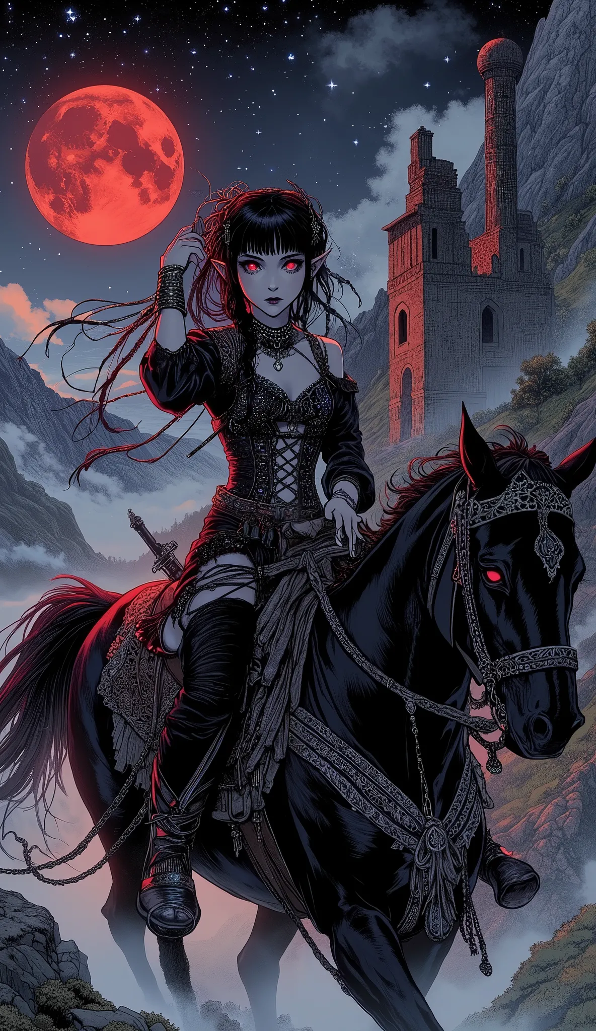 (A fusion of Ukiyo-e and dark fantasy. Aesthetic and gothic digital art. Illustrations are drawn from a bird's eye view from above.) BREAK 
(Jet black hair. Blunt bangs. Black eyebrows. Long black eyelashes. Almond-shaped eyes. Glowing red eyes. Dark, thic...