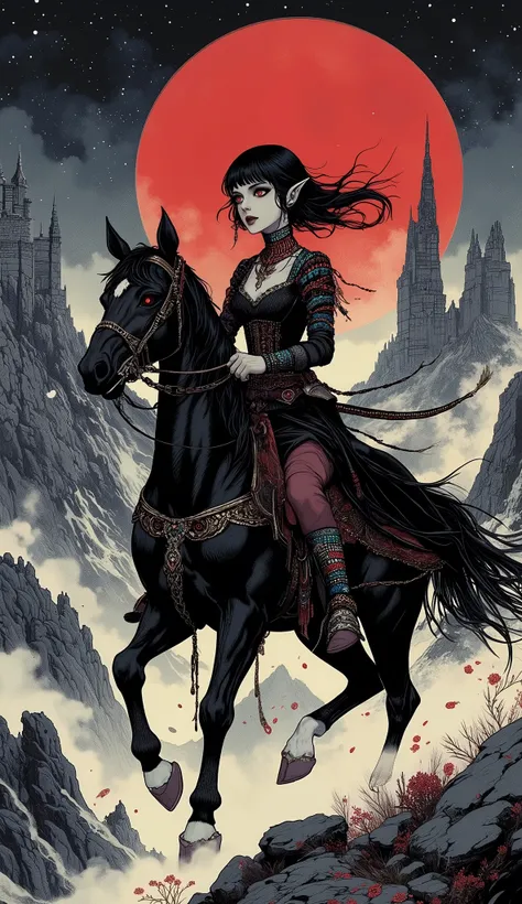 (A fusion of Ukiyo-e and dark fantasy. Aesthetic and gothic digital art. Illustrations are drawn from a bird's eye view from above.) BREAK 
(Jet black hair. Blunt bangs. Black eyebrows. Long black eyelashes. Almond-shaped eyes. Glowing red eyes. Dark, thic...