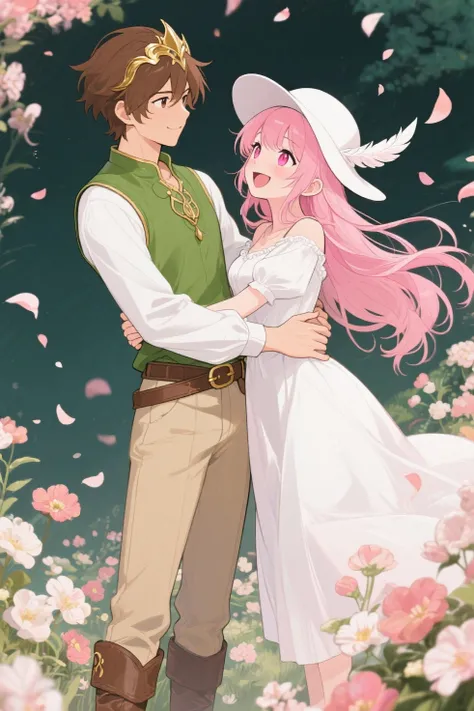 日本の漫画スタイル、ファンタジー、二人の人物、One is male, brown hair, wearing a green sleeveless over white long-sleeved shirt, beige pants, brown boots, belt, gold headgear, serious expression,One is a girl, long pink hair, pink eyes, white dress, wearing a white rimless hat with feathers, they are hugging and laughing, flowers are blooming all around them, petals are dancing in the wind