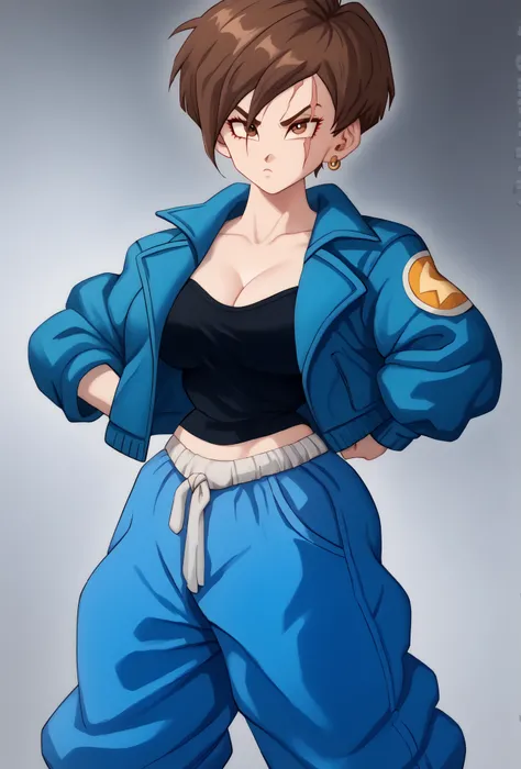 Woman, fair skin, Dark Blue  jacket (black blouse underneath the jacket), black baggy pants, loose pants, Brown eyes, brown hair, hair with dark blue tips, short hair, 4k, 8k, detail,Drago ball style, curvy body,Blue highlights in hair ,Scar on the cheek, ...