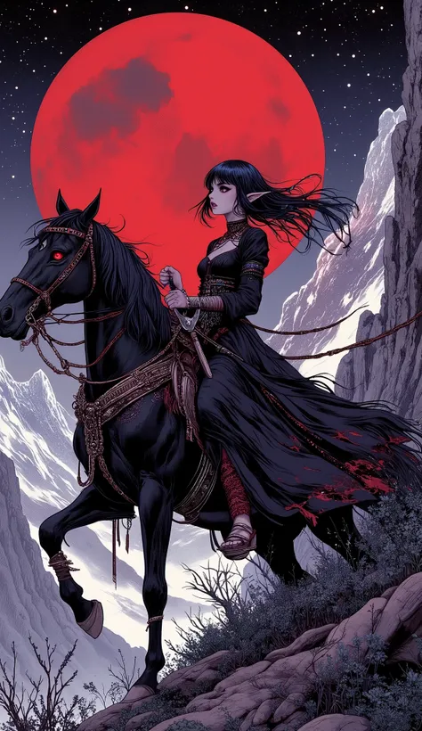(A fusion of Ukiyo-e and dark fantasy. Aesthetic and gothic digital art. Illustrations are drawn from a bird's eye view from above.) BREAK 
(Jet black hair. Blunt bangs. Black eyebrows. Long black eyelashes. Almond-shaped eyes. Glowing red eyes. Dark, thic...