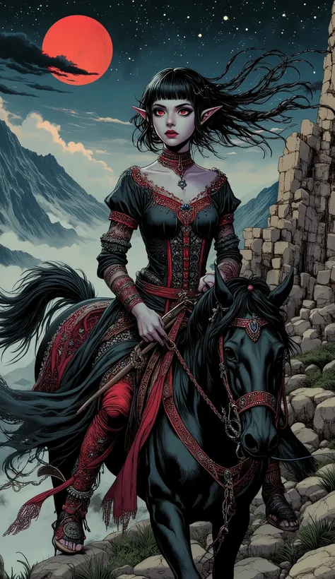 (A fusion of Ukiyo-e and dark fantasy. Aesthetic and gothic digital art. Illustrations are drawn from a bird's eye view from above.) BREAK 
(Jet black hair. Blunt bangs. Black eyebrows. Long black eyelashes. Almond-shaped eyes. Glowing red eyes. Dark, thic...