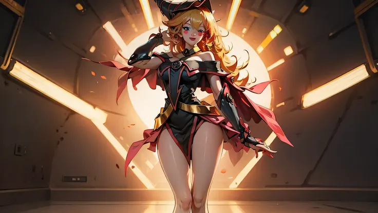 Darck Magician girls , Japanese anime, Beautiful blonde girl in Alice miniskirt in a bright red Santa Claus costume. blonde hair. green eyes. red lips. blush on cheek. She has tall gold boots. she wears black stockings . She wears a long and tight dres...