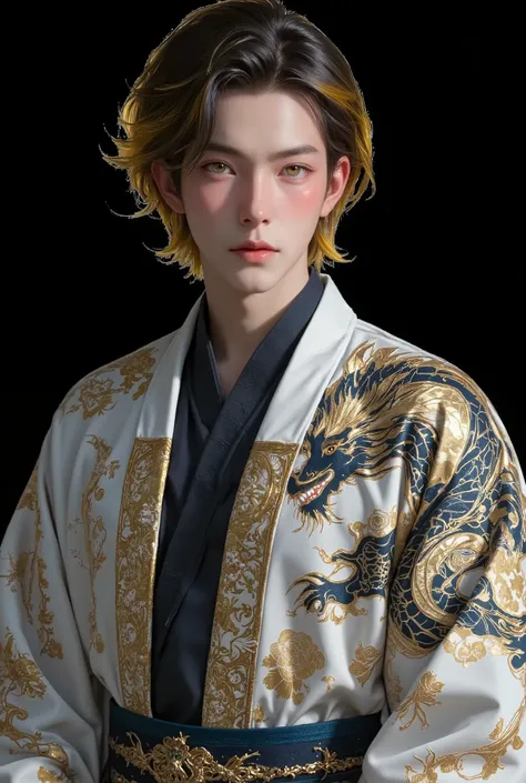 1man, Young man, ((age Around 22 to 27)), ((Yellow-Black Hair, Medium Hair, Chiseled face, High cheekbones, Sharp Prismatic Amber eyes, Athletic body)), wearing Chinese Dragon Pattern Hanfu, Intimidating aura, Standing, Full Body.