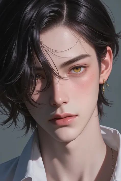 ((Top Quality, 8K, Masterpiece: 1.3)), Sharp Focus: 1.2, (Mature male, handsome, One Bangs Cover Right Eyes, Tied-Back hair, Medium hair, jfcut, Gold Amber Eyes, Flawless Eyes, ((Multicolour hair : Black and Silver)), freckles ,male focus, handsome man, th...