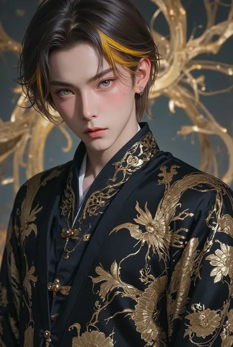 1man, Young man, ((age Around 22 to 27)), ((Yellow-Black Hair, Medium Hair, Chiseled face, High cheekbones, Sharp Prismatic Amber eyes, Athletic body)), wearing Chinese Dragon Pattern Hanfu, Intimidating aura, Standing, Full Body.