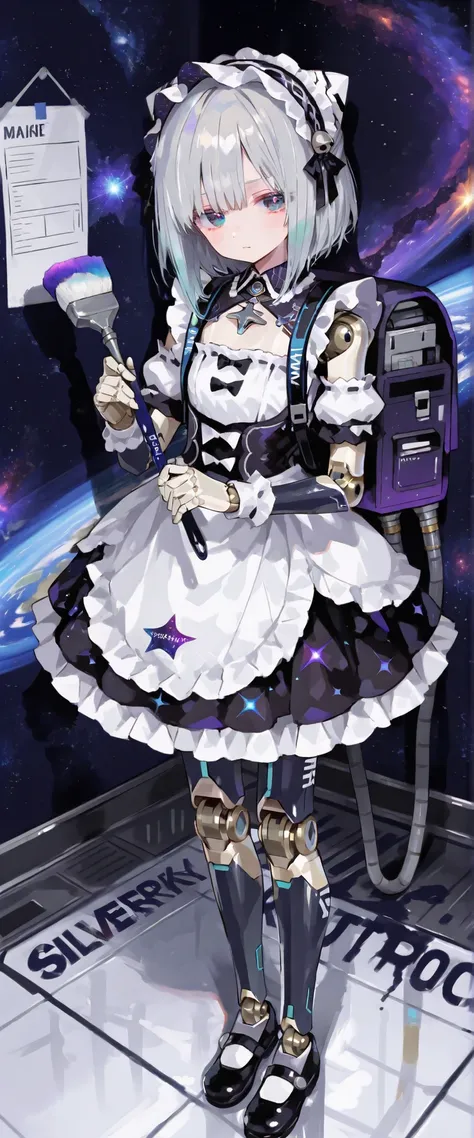 Maid Outfit。 silver hair。Cosmic Equipment。Galaxy pattern。mechanical joints。machine body。Planet Ring Skirt。off the floor。Space backpack。cute。gothic room。headdress。writing on the space background。Writing on the wall。Holding a brush。floor
